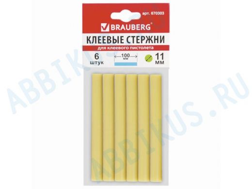 Клеевые стержни, диаметр 11,0мм, длина 100мм, желтые, КОМПЛЕКТ 6 штук "BR-79849", европодвес