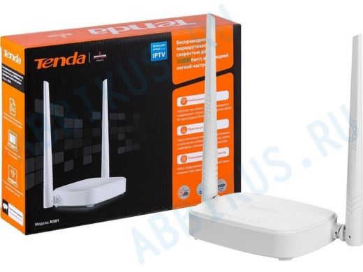 .TENDA N301 WiFi маршрутизатор, 2.4GHz,WLAN300Mbps,802.11bgn+3xLAN RG45 10/100+1xWAN,2x5dBi Antenna