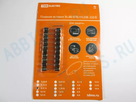 Плавкая вставка ВПТ6-3 0,315А 250В TDM упаковка (10шт.) SQ0738-0103