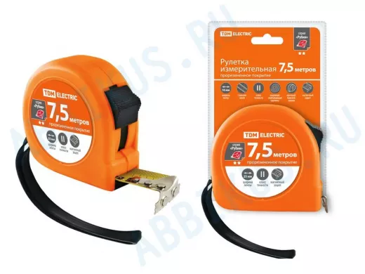 Рулетка TDM 7,5 м, стальная лента, ширина 25 мм, прорезиненное покрытие, магнит, "Рубин" SQ1018-0107