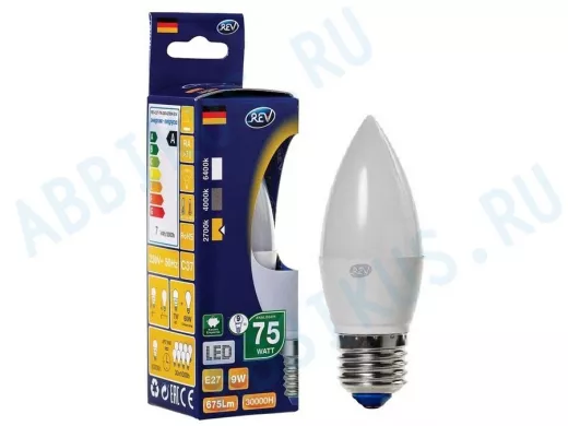 Светодиодная лампа  REV Classic C37 Е27 9W, 2700K, теплый свет, свеча