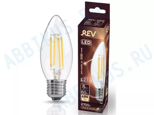 Светодиодная лампа  REV FILAMENT свеча C37 E27 5W, 2700K, DECO Premium теплый свет