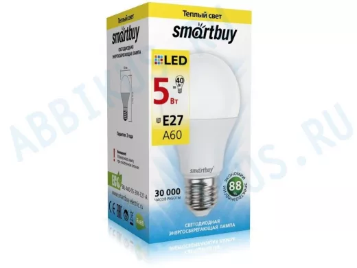 Светодиодная лампа A60 Е27  5W 3000K  Smartbuy-A60-05W/3000/E27
