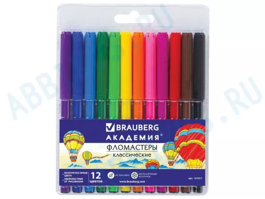 Фломастеры "BR-75446" "АКАДЕМИЯ" 12 цветов, вентилируемый колпачок, ПВХ упаковка