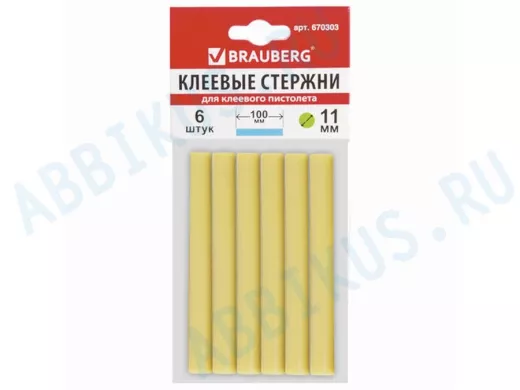 Клеевые стержни, диаметр 11,0мм, длина 100мм, желтые, КОМПЛЕКТ 6 штук "BR-79849", европодвес