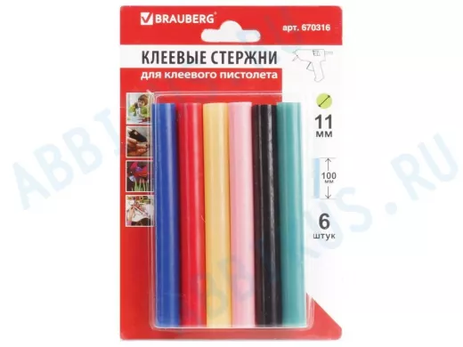 Клеевые стержни, диаметр 11,0мм, длина 100мм, цветные (ассорти), КОМПЛЕКТ 6 штук "BR-79852", блистер