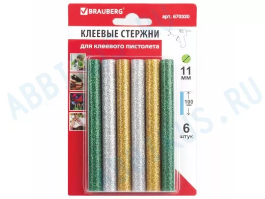Клеевые стержни, диаметр 11,0мм, длина 100мм, цветные (ассорти),С БЛЕСТКАМИ,КОМПЛЕКТ 6 шт."BR-79854"