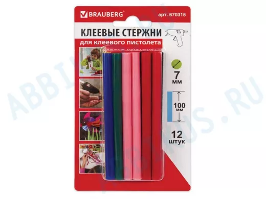 Клеевые стержни, диаметр  7,0мм, длина 100мм, цветные (ассорти), КОМПЛЕКТ 12 штук "BR-79869",блистер