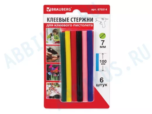 Клеевые стержни, диаметр  7,0мм, длина 100мм, цветные (ассорти), КОМПЛЕКТ 6 штук "BR-79870", блистер