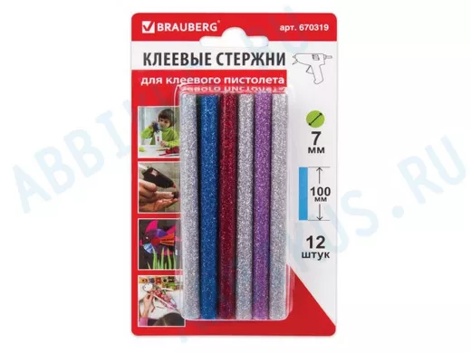 Клеевые стержни, диаметр  7,0мм, длина 100мм,цветные(ассорти),С БЛЕСТКАМИ,КОМПЛЕКТ 12 шт. "BR-79871"