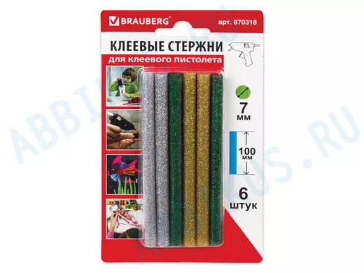 Клеевые стержни, диаметр  7,0мм, длина 100мм,цветные(ассорти),С БЛЕСТКАМИ,КОМПЛЕКТ 6 штук "BR-79872"